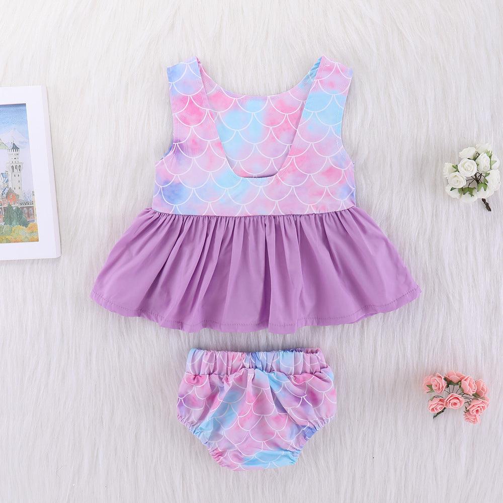 Toddler Kids Girl Mermaid Scale Print Dress Swimsuit Shorts Set - PrettyKid