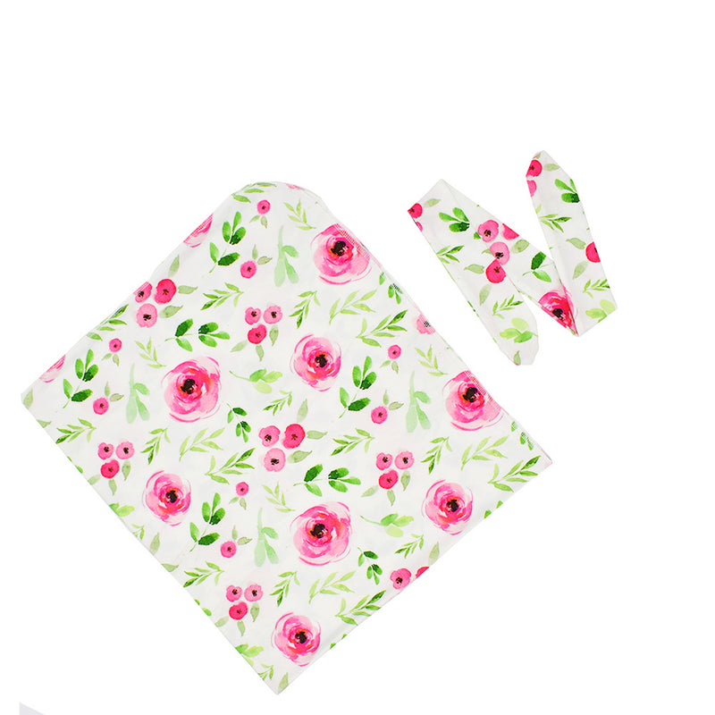 Floral Printed Blanket for Baby Newborn Wrapped Blanket Hair Band Two-piece Set - PrettyKid