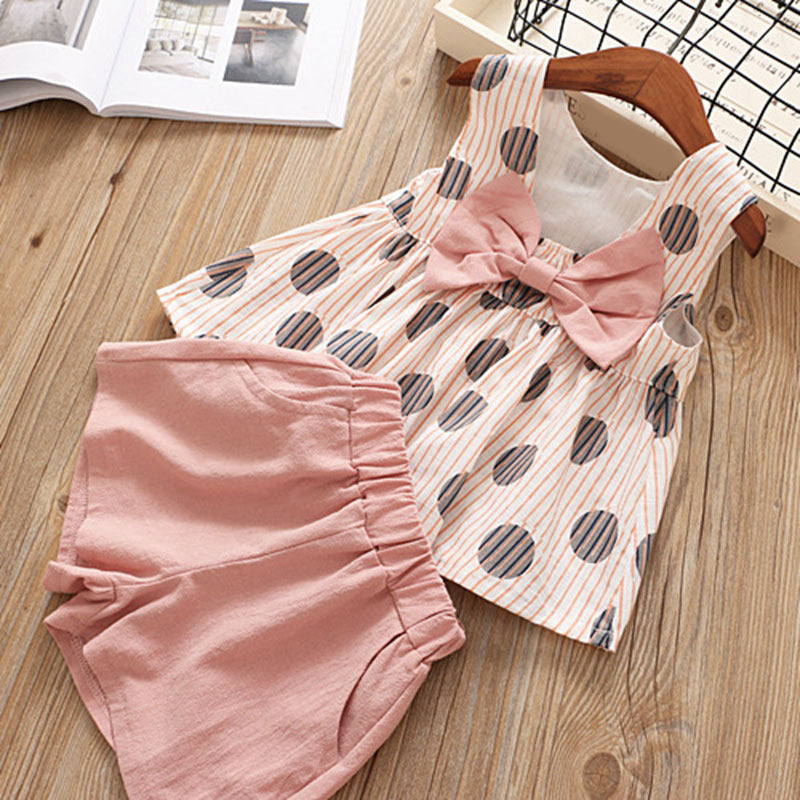 Toddler Kids Girls Stripe Dot Print Sleeveless Top Solid Shorts Bow Set - PrettyKid