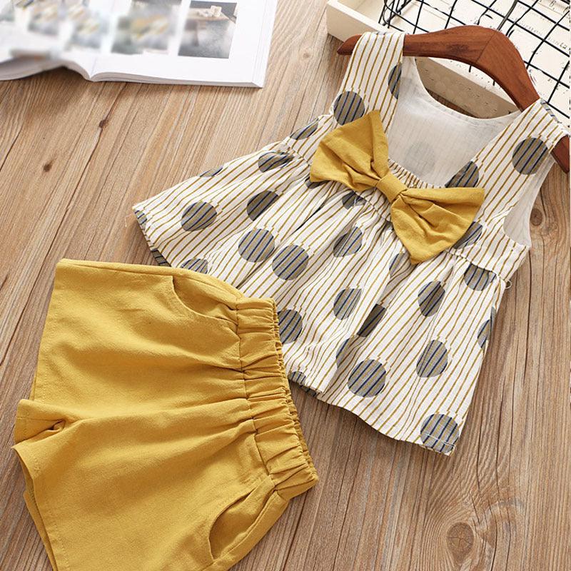 Toddler Kids Girls Stripe Dot Print Sleeveless Top Solid Shorts Bow Set - PrettyKid