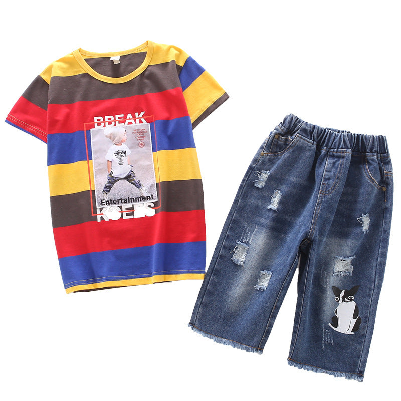 Kids Boys Color Stripe Pasted Cloth Short Sleeved T-shirt with Holes Denim Midpants Set - PrettyKid