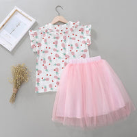 Girls Lapel Pineapple Print Top And Solid Color Mesh Princess Skirt - PrettyKid