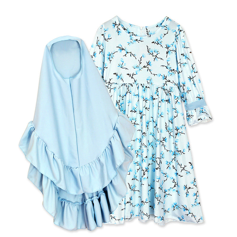 Girls Children's Spring and Winter Models Long-sleeved Round Neck Floral Dress + Blue Lace Headscarf Two-piece Children's Clothing - PrettyKid