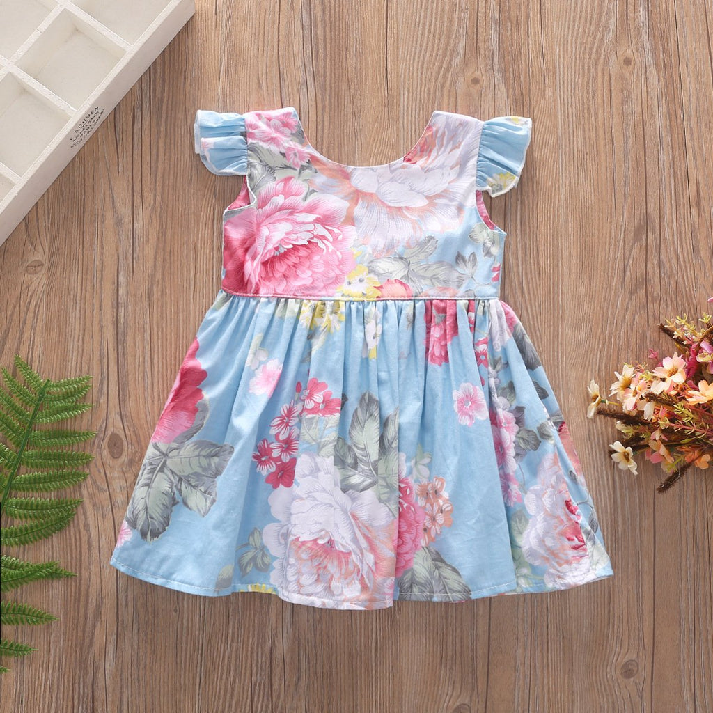 Girls Pure Cotton Fly Sleeve Round Neck Dress Floral Print Dress - PrettyKid