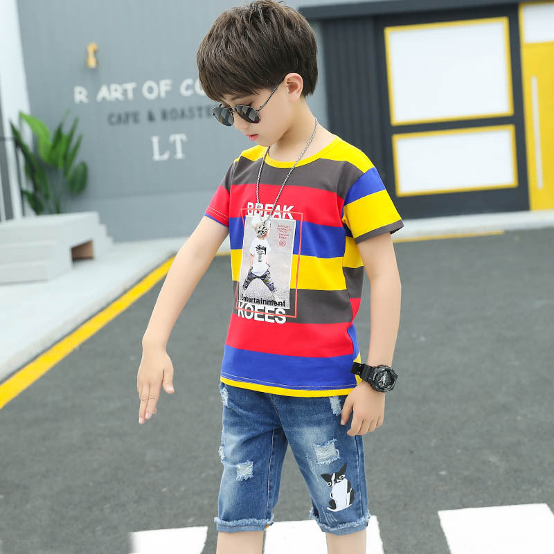 Kids Boys Color Stripe Pasted Cloth Short Sleeved T-shirt with Holes Denim Midpants Set - PrettyKid
