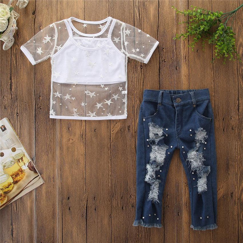 3PCS Toddler Kids Girls Summer Star Pearl Pierced Jeans Three Piece Set - PrettyKid