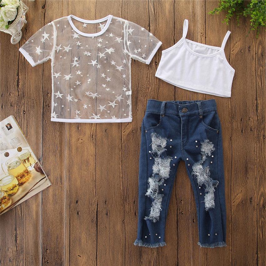 3PCS Toddler Kids Girls Summer Star Pearl Pierced Jeans Three Piece Set - PrettyKid