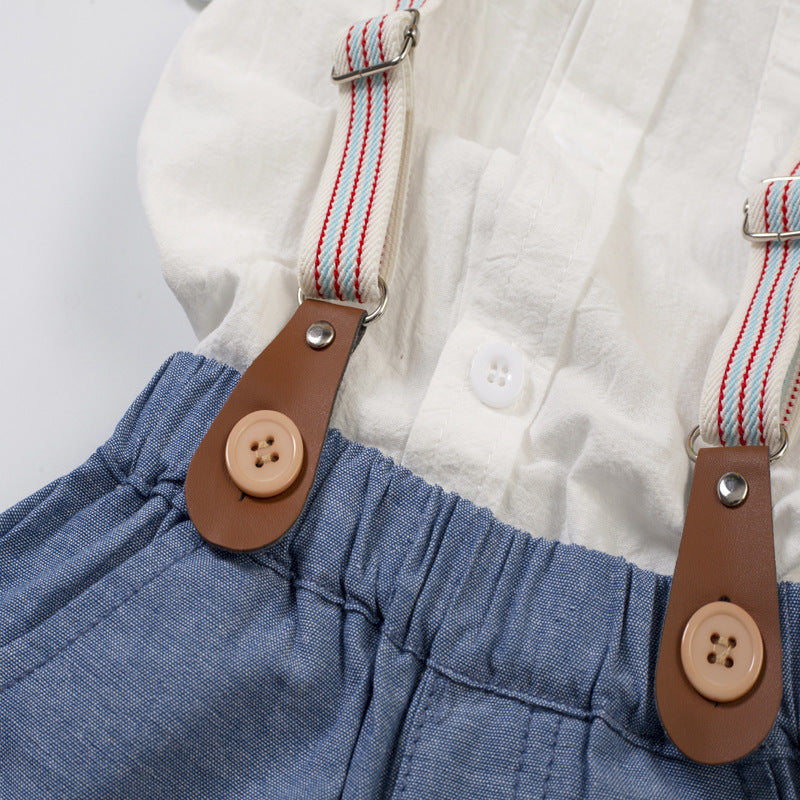 Stylish Baby Boy Clothes Suits Newborn Party Dress Soft Cotton Solid Rmper + Belt Pants Infant Toddler Set Online Wholesale - PrettyKid
