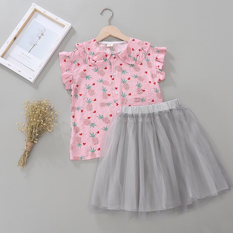 Girls Lapel Pineapple Print Top And Solid Color Mesh Princess Skirt - PrettyKid