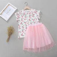 Girls Lapel Pineapple Print Top And Solid Color Mesh Princess Skirt - PrettyKid