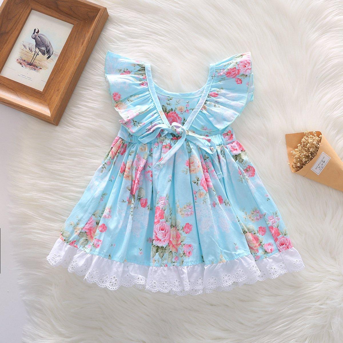 Girls Flying Sleeve Tie-Back Floral Dress Ruffled Hem Princess Dress - PrettyKid