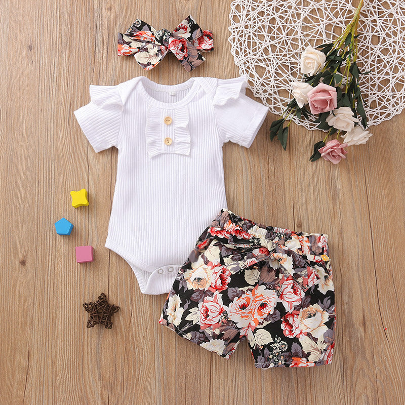 Baby Girl White Ribbed Romper And Floral Shorts And Headband Baby Outfit Sets - PrettyKid