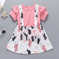 2-Piece Ruffled Top & Cactus Print Suspender Skirt for children Girl wholesale in bulk - PrettyKid