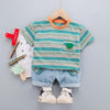 Grow Boy Color Stripes Frog Patten Top & Denim Shorts - PrettyKid