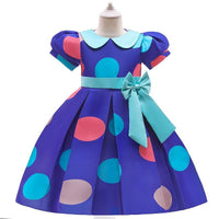 Girl Bow Decor Belt Puff Sleeve Dot Print Formal Dress - PrettyKid