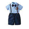 Toddler Kids Boys Solid Color Embroidery Short Sleeved Shirt Bow Tie Gentleman Suspender Shorts Four Piece Set - PrettyKid