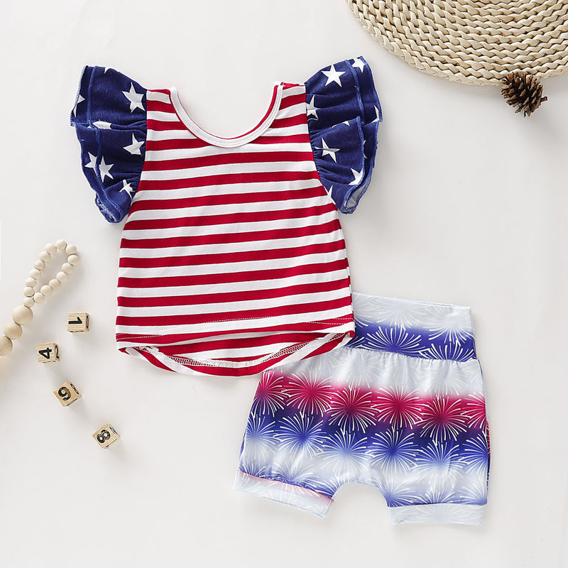 Toddler Girls Striped Star Print Short Sleeve Top Shorts Independence Day Set - PrettyKid