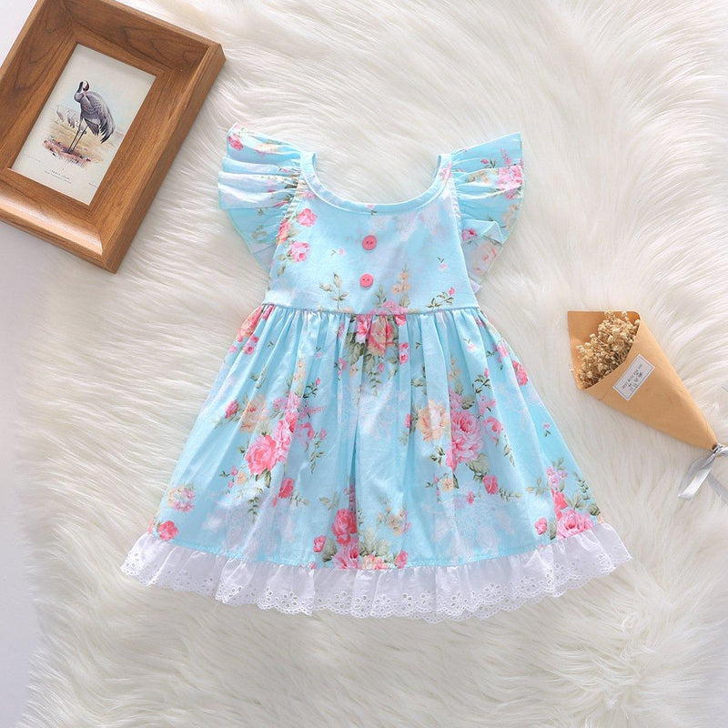 Girls Flying Sleeve Tie-Back Floral Dress Ruffled Hem Princess Dress - PrettyKid