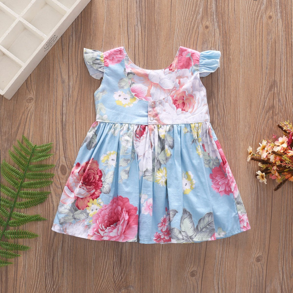 Girls Pure Cotton Fly Sleeve Round Neck Dress Floral Print Dress - PrettyKid