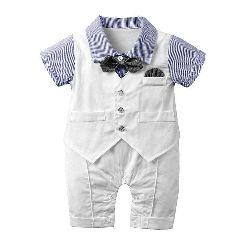 Baby Boys' Solid Color Fake Two-piece Waistcoat Bow Tie Gentleman's Short Sleeve Jumpsuit - PrettyKid