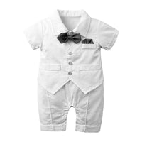 Baby Boys' Solid Color Fake Two-piece Waistcoat Bow Tie Gentleman's Short Sleeve Jumpsuit - PrettyKid