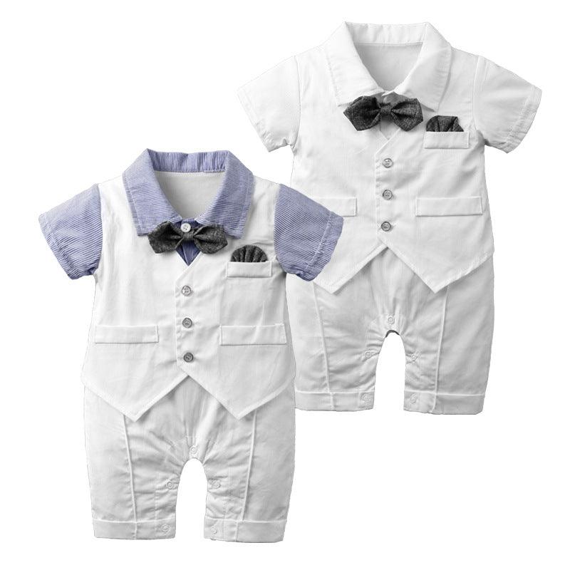 Baby Boys' Solid Color Fake Two-piece Waistcoat Bow Tie Gentleman's Short Sleeve Jumpsuit - PrettyKid