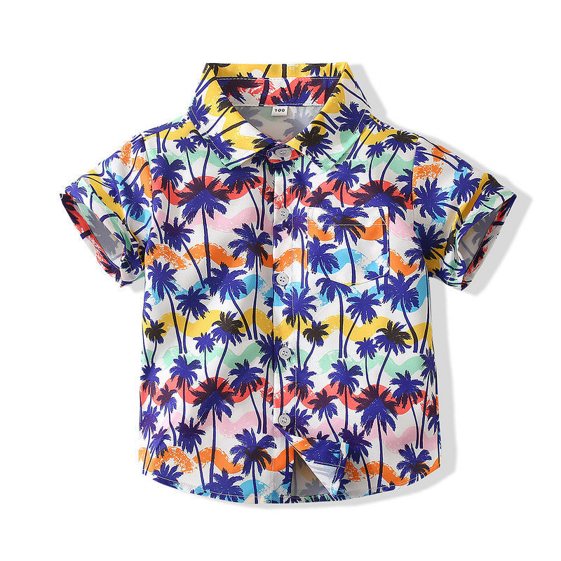 Coconut Tree Beach Vacation Tropical Print Lapel Toddler Boys Shirts Wholesale Boy Clothing - PrettyKid