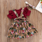 Baby Girl Solid Short Sleeve Bodysuit Floral Print Strappy Dress Set Wholesale Baby Clothes Bulk - PrettyKid