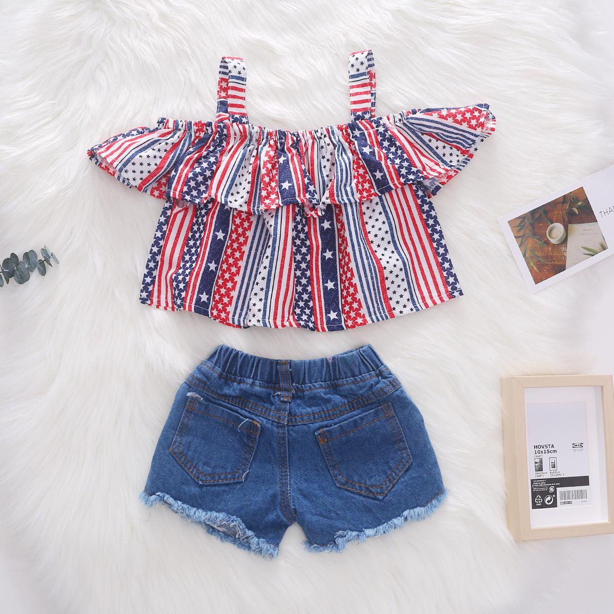 Strap Top Denim Shorts Independence Day Suit