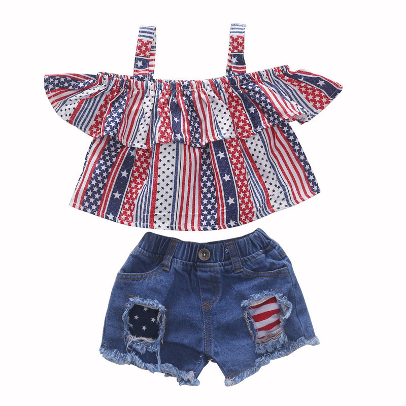 Strap Top Denim Shorts Independence Day Suit