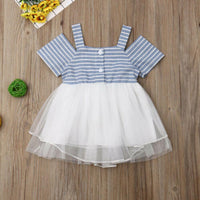 Toddler Girls Off Shoulder Suspender Stripe Mesh Dress - PrettyKid