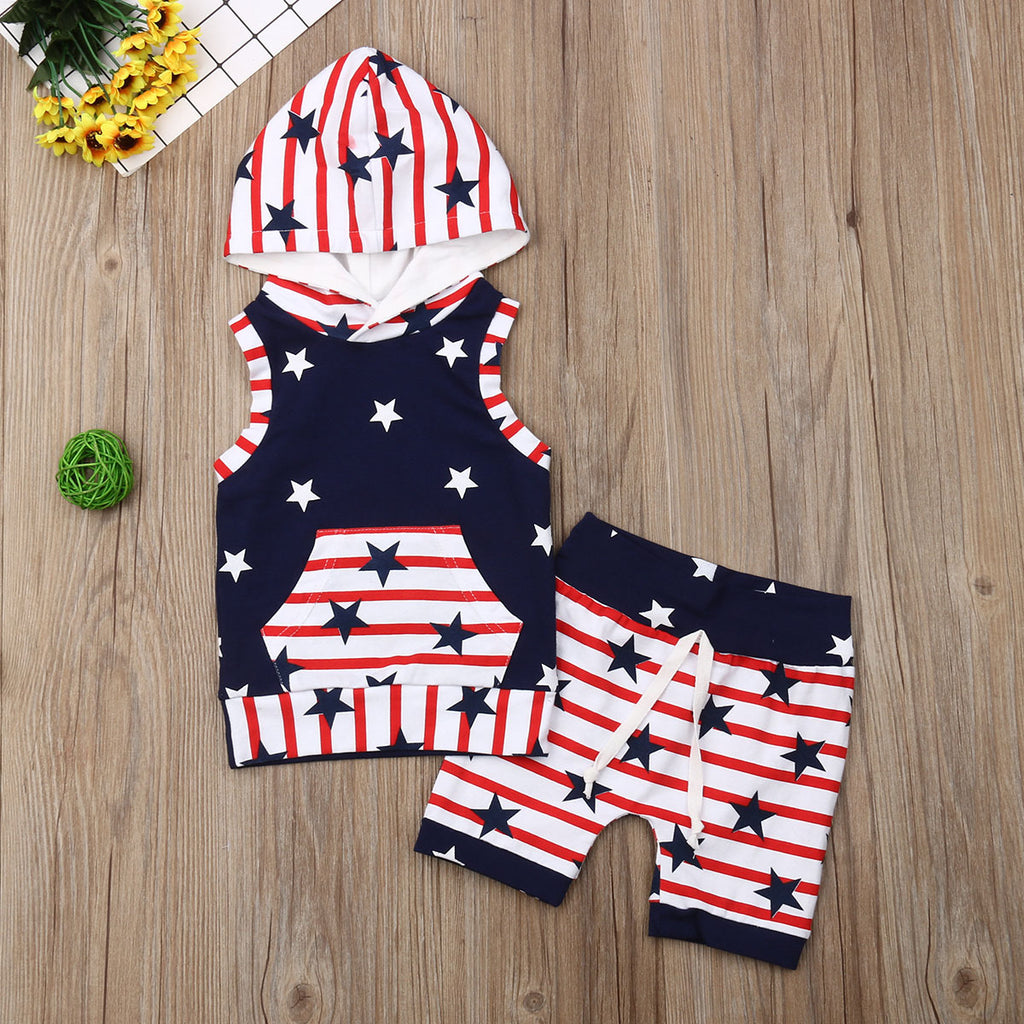 Children's Boys Striped Star Print Hoodie Sportswear Independence Day Dress - PrettyKid