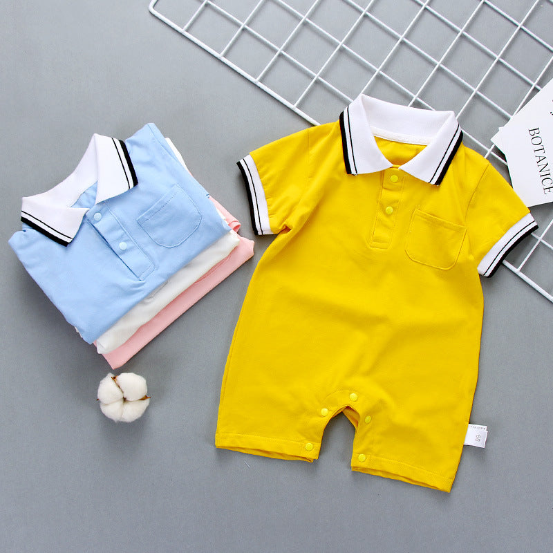 Baby Boys Girl Solid Polo Lapel Collar Contrast Short Sleeves Coverall Jumpsuit - PrettyKid