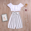 Children girls' summer solid color Ruffle Top striped pants suit - PrettyKid