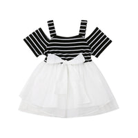 Toddler Girls Off Shoulder Suspender Stripe Mesh Dress - PrettyKid