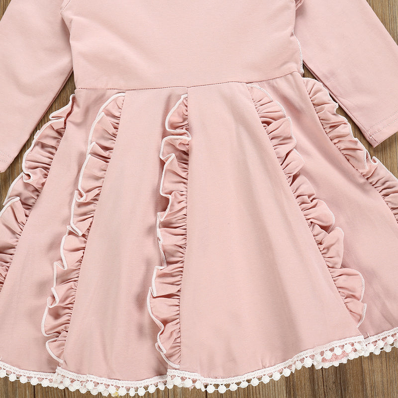 Children Girls Lace Long Sleeve Pink Dress - PrettyKid