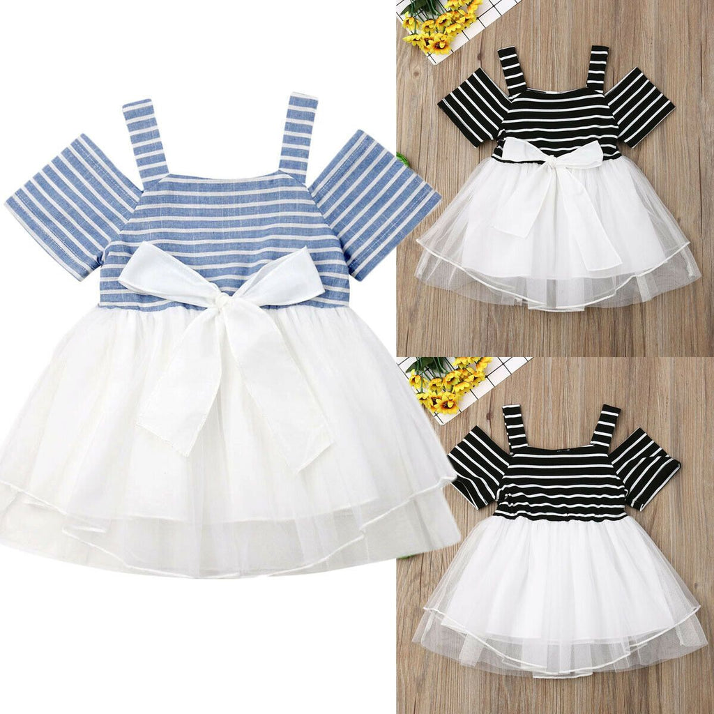 Toddler Girls Off Shoulder Suspender Stripe Mesh Dress - PrettyKid