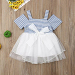 Toddler Girls Off Shoulder Suspender Stripe Mesh Dress - PrettyKid