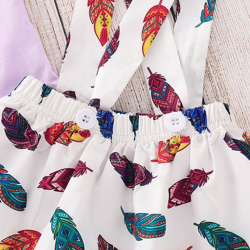 Baby Girl Solid Color Top & Feather Print suspender Skirt - PrettyKid