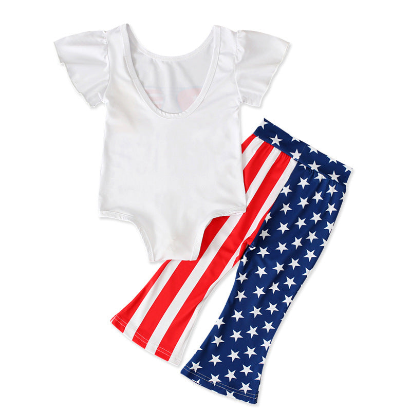 Girls and Children's Summer Models American Independence Day Small Flying Sleeves Jumpsuit + Pants Two-piece Suit - PrettyKid