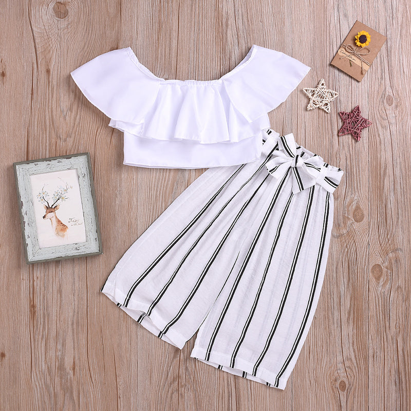 Children girls' summer solid color Ruffle Top striped pants suit - PrettyKid