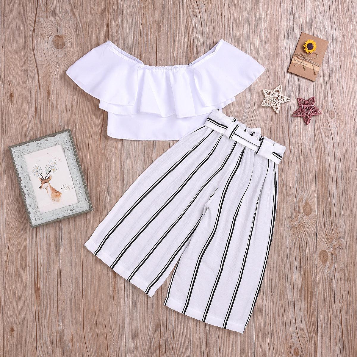 Children girls' summer solid color Ruffle Top striped pants suit - PrettyKid