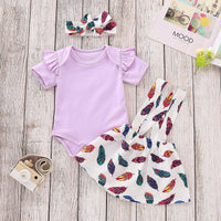 Baby Girl Solid Color Top & Feather Print suspender Skirt - PrettyKid