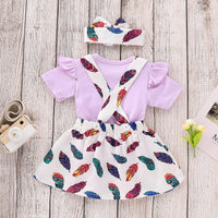 Baby Girl Solid Color Top & Feather Print suspender Skirt - PrettyKid