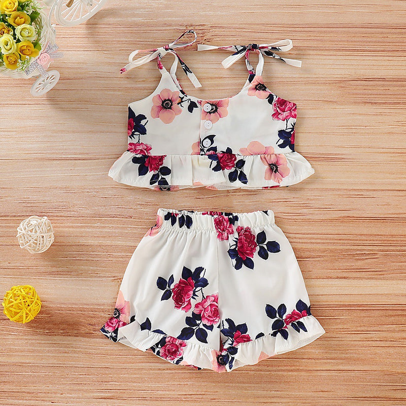 Toddler Kids Girl Solid Floral Print Ruffled Cami Top and Shorts Set - PrettyKid