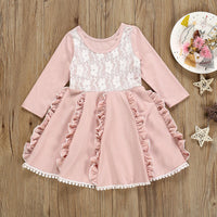 Children Girls Lace Long Sleeve Pink Dress - PrettyKid