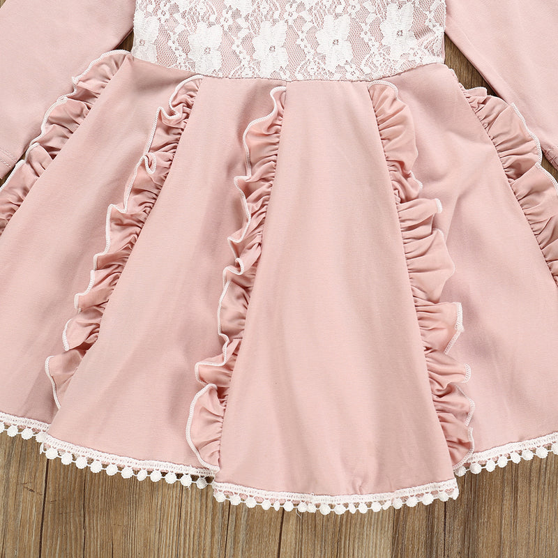 Children Girls Lace Long Sleeve Pink Dress - PrettyKid