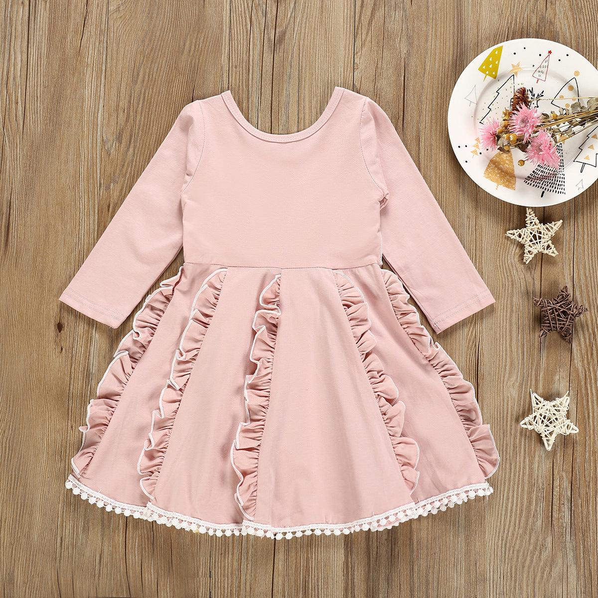 Children Girls Lace Long Sleeve Pink Dress - PrettyKid