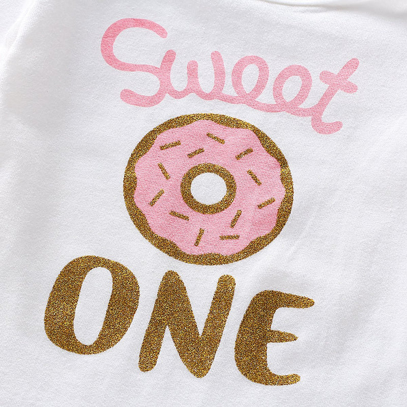Baby Girls Cartoon Doughnut Print Top And Polka Dot Splice Skirt - PrettyKid
