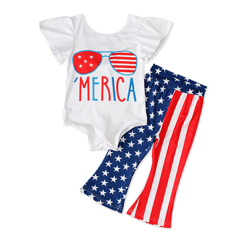 Girls and Children's Summer Models American Independence Day Small Flying Sleeves Jumpsuit + Pants Two-piece Suit - PrettyKid